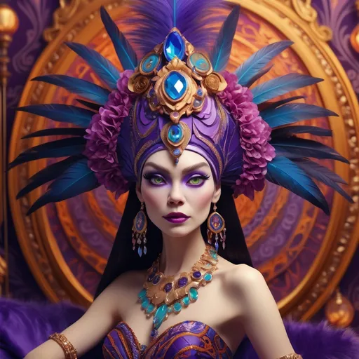 Prompt: (Yzma reimagined), (vibrant colors), (luxurious patterns), (whimsical style), fantasy portrait, dramatic expression, elaborate headdress, intricate jewelry, high fashion elements, enchanting background, warm lighting, lush textures, 4K resolution, detailed fabric patterns, a sense of mystery and grandeur.