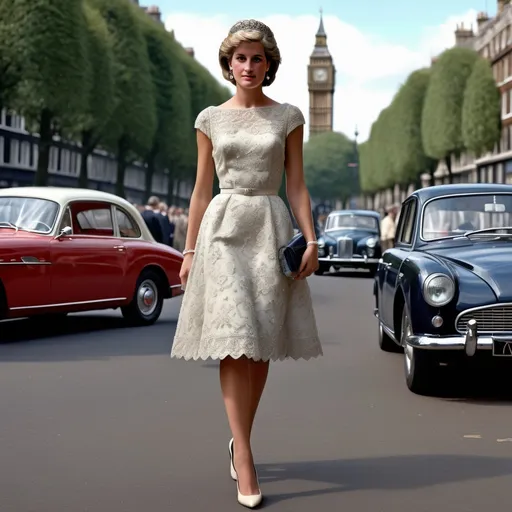 Prompt: Hyper Realistic and very detailed Lady Diana wearing a hyper realistic and very detailed Valentino 50s look with a very detailed Valentino dress and very detailed Valentino shoes in the centre of a very accurate 50s London 64k Hd, very accurate 3D 