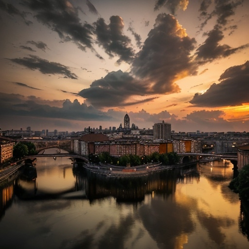 Prompt: (Torino) skyline at sunset, capturing iconic architecture, atmospheric reflections, and the warm glow of the setting sun. Dramatic clouds converge with deepening hues of orange and violet, enhancing a breathtaking panorama. Nostalgic vibe, with people leisurely walking in the streets. (High definition), showcasing the city's charm and elegance in every detail.