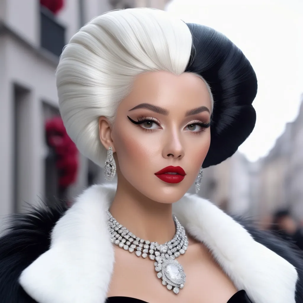 Prompt: A hyper realistic Doja Cat as Cruella in a Schiaparelli very detailed and accurated 64k quality HD 3D 