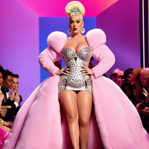 Prompt: Highly detailed image of Katy Perry as Lizzo as Amanda Lepore wearing a very glamorous and high fashionable highly detailed 64k 3D dress by Moschino