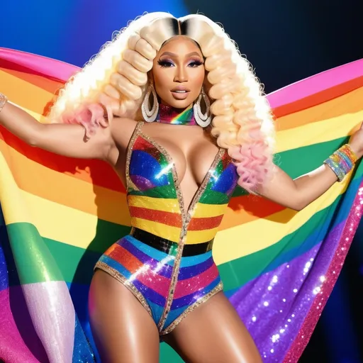 Prompt: Nicki Minaj in Balmain Pride Month Edition Dress, vibrant, glamorous, high quality, digital art, rainbow colors, glittering sequins, flowing fabric, joyful expression, dynamic pose, professional, stage-ready, pride flag pattern, energetic lighting