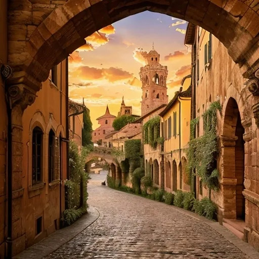 Prompt: Verona landscape, (romantic and enchanting), charming streets, ancient architecture, vibrant colors, sunset glow casting a magical light, lush greenery, graceful arches, cobblestone walkways, historical charm, (4K), (ultra-detailed), captivating vistas, an ambiance of love and history, warm golden hues embracing the skyline.