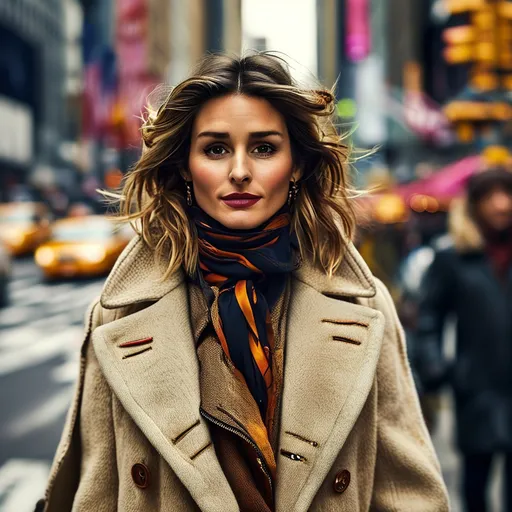 Prompt: (Olivia Palermo), striding confidently through the bustling streets of New York City, fashionable urban outfit, stylish accessories, vibrant colors, high energy atmosphere, iconic skyline backdrop, cinematic lighting, ultra-detailed composition, showcasing a blend of elegance and modernity, capturing the essence of New York’s chic lifestyle, glamourous and vibrant environment.