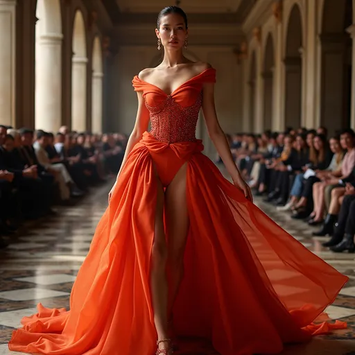 Prompt: (Balmain dress), high fashion, luxurious elegance, intricate detailing, sleek silhouette, modern couture, (glamorous textures), vibrant color palette, beautifully draped fabric, superb tailoring, stylish accessories, runway-ready, luxurious ambiance, soft lighting, haute couture mastery, ultra-detailed, 4K, fashion-forward visual, striking pose, dramatic flair.