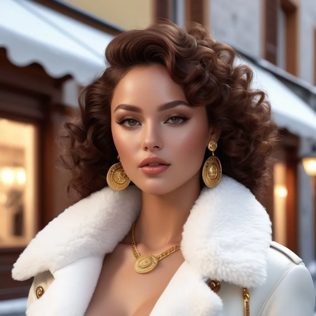 Prompt: Hyperrealistic 3D Doja Cat with curly dark hair in 80s italian Courmayeur winter and cold fashion Gianni Versace, photorealistic, accurate features, Versace outfit, high resolution 64k, detailed textures, realistic lighting, Capri street backdrop, sophisticated, elegant, photorealism, Italian fashion, 80s style, high quality, Versace, detailed design, accurate, realistic rendering, lifelike, professional, professional lighting 