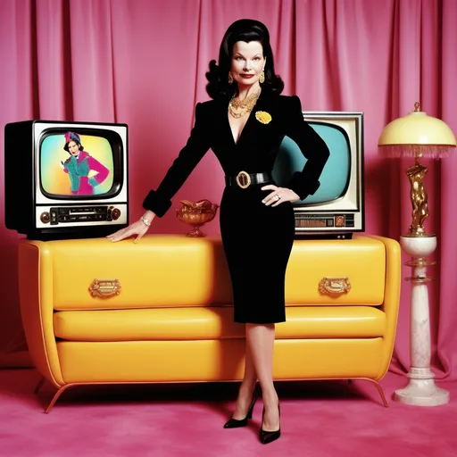 Prompt: (Fan art of Fran Drescher as The Nanny), stylish Moschino outfit, vibrant colors, glamorous accessories, dramatic pose, high-fashion vibe, vintage television show aesthetic, cozy yet chic ambiance, soft lighting, ultra-detailed, capturing the essence of the character, playful expression, retro-inspired backdrop with touches of luxury and femininity.