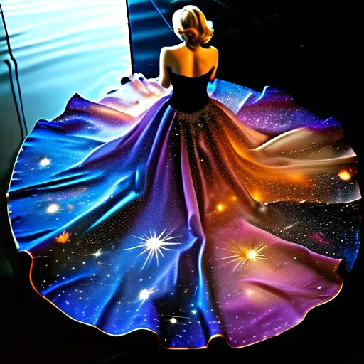 Prompt: Visualize Britney Spears in a magnificent dress that resembles a cosmic galaxy. The dress is designed with a gradient of deep space colors, from the intense blues and purples of nebulae to the stark black of the void, sprinkled with stars and celestial bodies. It flows elegantly, defying gravity, as if she's floating through the cosmos. Her posture is majestic and serene, with her arms gently raised as if she's orchestrating the very movement of the stars. The backdrop is the infinite darkness of space, and below her, the reflective surface suggests she is hovering above a mirror-like lake that reflects the universe contained in her gown.