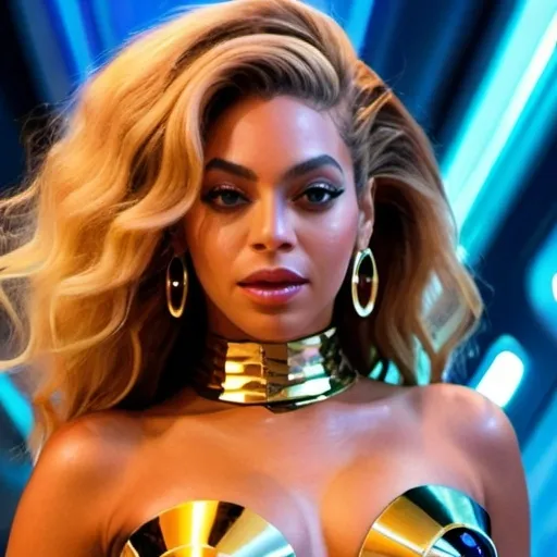 Prompt: (Beyoncé as Barbarella), vibrant colors, futuristic sci-fi aesthetic, strong and confident pose, glamorous outfit with metallic elements, dazzling accessories, whimsical backgrounds with cosmic themes, retro style with a modern twist, captivating expressions, bold lighting, visually striking composition, ultra-detailed, dynamic atmosphere, inspired by the bold visual narrative of classic science fiction.