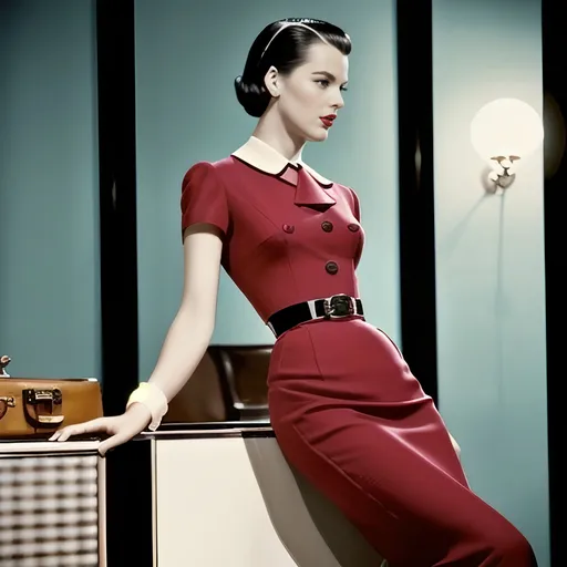 Prompt: Prada 1950s style elegant silhouette, classic tailored look, vibrant colors, rich textures, polished accessories, soft lighting, nostalgic ambiance, high-quality detail, reminiscent of mid-century fashion photography, chic hairstyle, playful patterns, stylish footwear, retro elegance