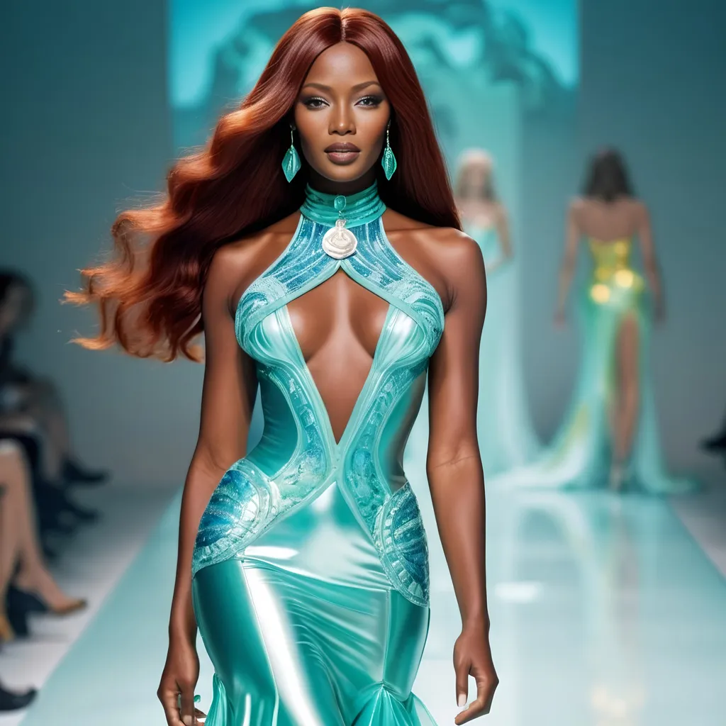 Prompt: Naomi Campbell as Ariel wearing Versace 