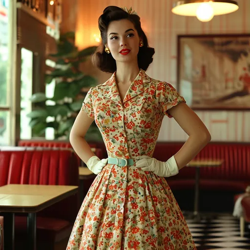 Prompt: (vintage fashion), (1950s style), elegant outfits, fitted dresses, petticoats, bold patterns, retro accessories, heels, vibrant colors, soft pastel shades, nostalgic atmosphere, warm lighting, high-quality, ultra-detailed, stylish urban setting, glamorous poses, cheerful mood, classic hairstyles, cinematic masterpiece.