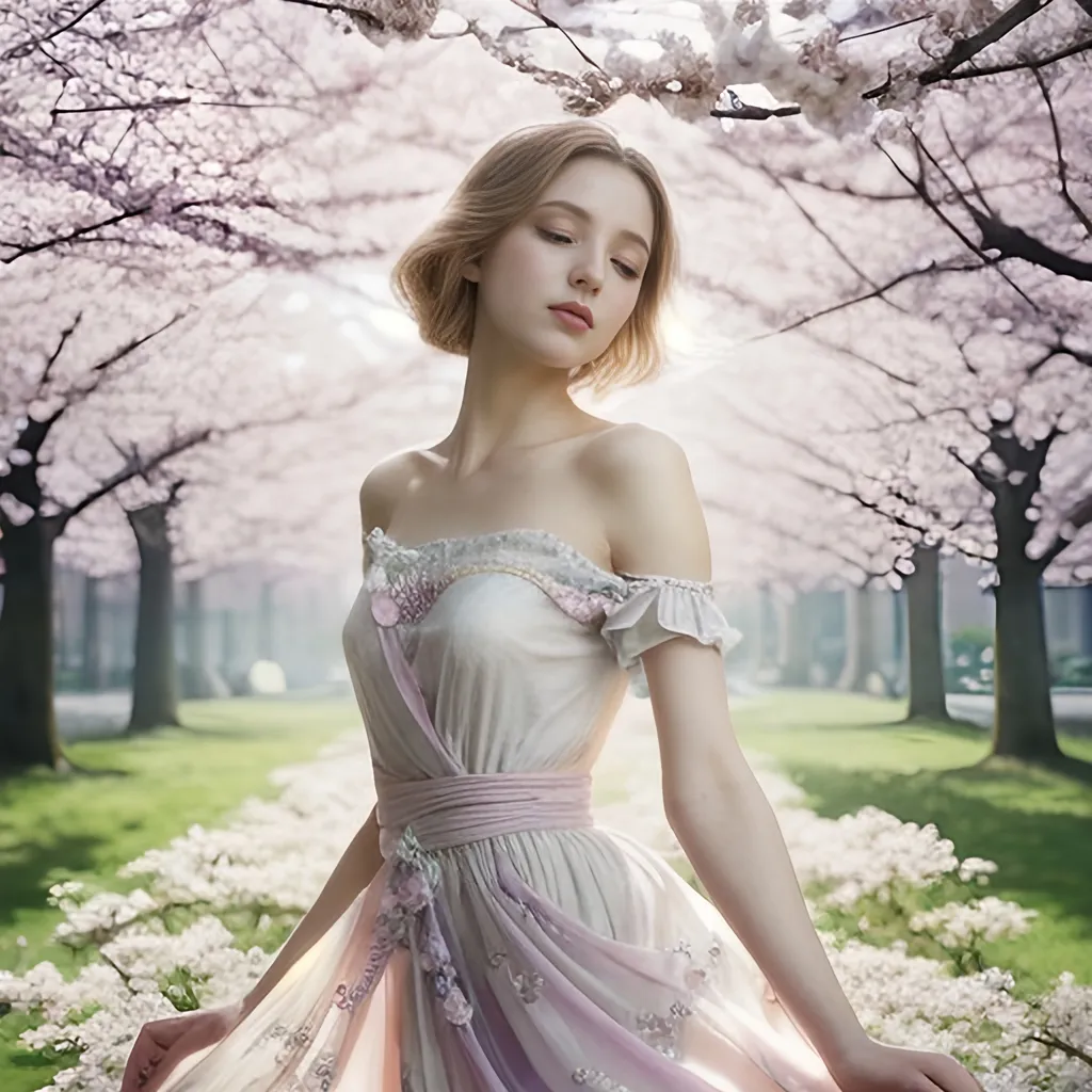 Prompt: Elodie, (concept character), elegant pose, expressive eyes reflecting mystery, flowing dress in soft pastel colors, serene background of blooming cherry blossoms, gentle sunlight streaming through, dreamy ambiance evoking calmness and enchantment, intricate details on fabric, high-quality 4K resolution, ultra-detailed, whimsical atmosphere capturing the essence of fantasy and wonder.