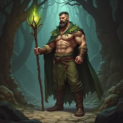 Prompt: (Full body) male stocky druid with short-cut hair and beard, holding magical tree staff, in a dark temple dungeon, no shirt on, leaf-shoulderguards, cloak, heavy belt, pathfinder, d&d setting, in a realistic digital art style