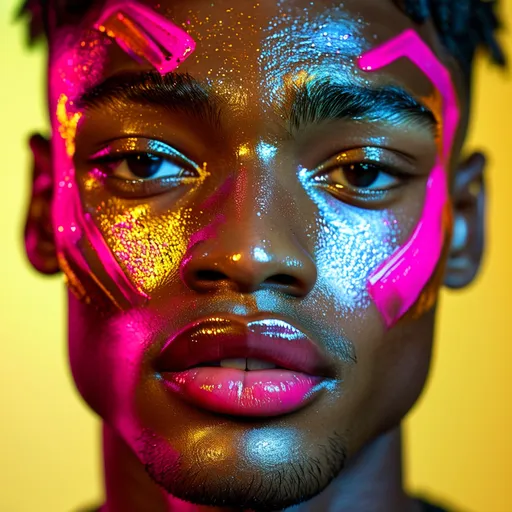 Prompt: (vibrant makeup) Fenty beauty full face makeup on a boy, striking colors and artistic blending, dynamic contrast, a captivating expressive look, detailed facial features, radiant skin, playful lip look, ambient lighting showcasing real-time application, bright environment reflecting a beauty influencer vibe, ultra-detailed, 4K resolution, playful mood.