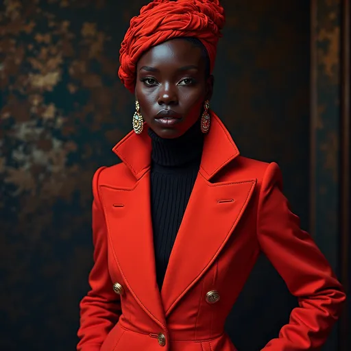 Prompt: (Alek Wek wearing Prada), high fashion, (striking presence), elegant poses, stunning outfit, rich textures, (vibrant colors), luxurious fabrics, presidential ambiance, (sophisticated styling), contemporary background, bold shapes, (ultra-detailed), dramatic lighting, couture elements, (high quality), fashion photography aesthetic.