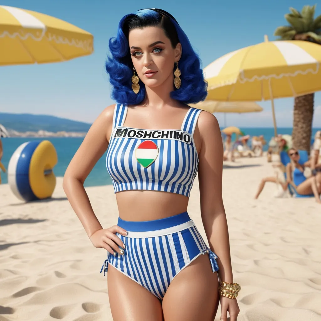 Prompt: Hyperrealistic 3D Katy Perry in 90s italian Rimini Beach summer and hot fashion Moschino, photorealistic, accurate features, Moschino outfit, high resolution 64k, detailed textures, realistic lighting, Rimini beach backdrop, sophisticated, elegant, photorealism, Italian fashion, 90s style, high quality, Moschino, detailed design, accurate, realistic rendering, lifelike, professional, professional lighting 