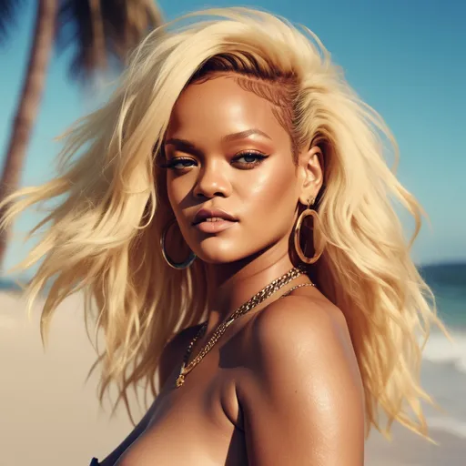 Prompt: Rihanna as (Pamela Anderson), blending iconic styles, flirtatious vibe, dazzling (blonde hair), sultry expression, captivating pose, glamorous attire reminiscent of the 90s, vibrant color tones, sunshine glare, high-fashion vibe, (HD), cinematic depth, playful yet bold aura, lush background with beach elements, emphasizing a warm, nostalgic atmosphere.