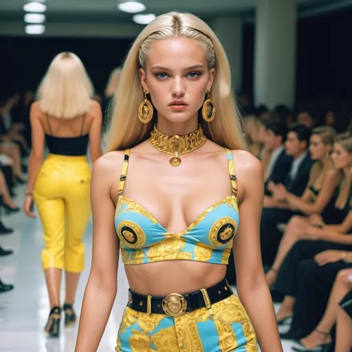 Prompt: (Versace 90s show), vintage fashion, analogic photorealistic, glamorous, stylish hyper realistic models on runway, high fashion outfits, iconic 90s aesthetics, 90s fashionable accessories, retro background, ultra-detailed, 4K, trendy hyperrealistic hairstyles, cinematic 90s analogic quality, nostalgic, magazines, 90s resolution