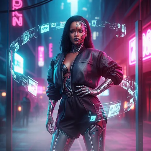 Prompt: Imagine a striking scene featuring Cyborg Rihanna, standing confidently in a futuristic urban setting. The neon-lit cityscape behind her glows with vibrant colors, reflecting against sleek metal surfaces. Her metallic skin glistens under the atmospheric glow, integrated with intricate circuitry that pulses gently with energy. The ambiance is infused with a soft mist, illuminated by flickering holographic advertisements swirling around her. Rihanna poses powerfully, one hand on her hip, while her piercing gaze meets the viewer, a hint of a smile playing on her lips. Her outfit is a blend of high-fashion and cybernetic enhancements, shimmering with iridescent colors that shift with her movements. The entire scene exudes a sense of confident empowerment, captured in cinematic lighting, with a photorealistic style that brings every detail to life.