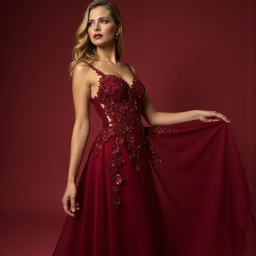 Prompt: (mortadella wine dress), stunning fashion design, elegant flowing gown, rich burgundy hues, textured satin fabric, (vibrant), intricate floral embellishments, soft flowing layers, unique neckline, luxurious appearance, warmly lit glimmering atmosphere, sophisticated and enchanting ambiance, high-quality, ultra-detailed, inspired by contemporary haute couture.