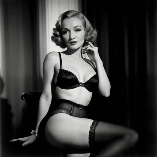 Prompt: Marlene Dietrich in Calzedonia, glamorous shot, classic Hollywood beauty, high contrast lighting, cinematic elegance, retro charm, iconic blonde curls, sensual pose, exquisite silk stockings, timeless beauty, vintage glam, classic elegance, glamorous lighting, iconic fashion, cinematic composition