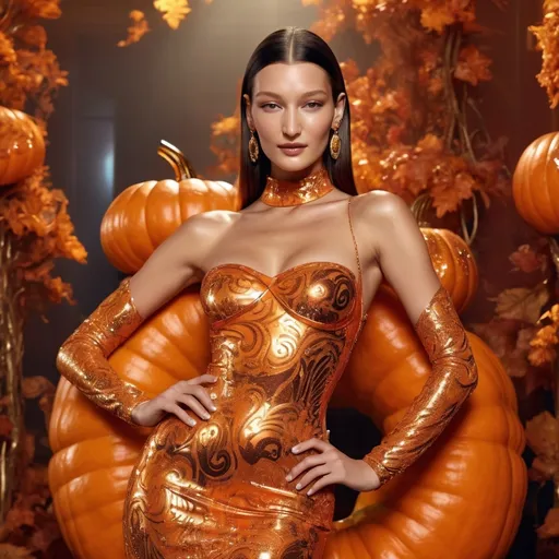 Prompt: (Bella Hadid), wearing a stunning (Versace pumpkin-inspired glittered dress), high fashion pose, vibrant colors, sparkling embellishments, luxe textures, dramatic lighting, cinematic feel, high fashion ambiance, enchanting atmosphere, ultra-detailed, 4K quality, ornate background reflecting autumn themes, captivating smile, dynamic elegance.