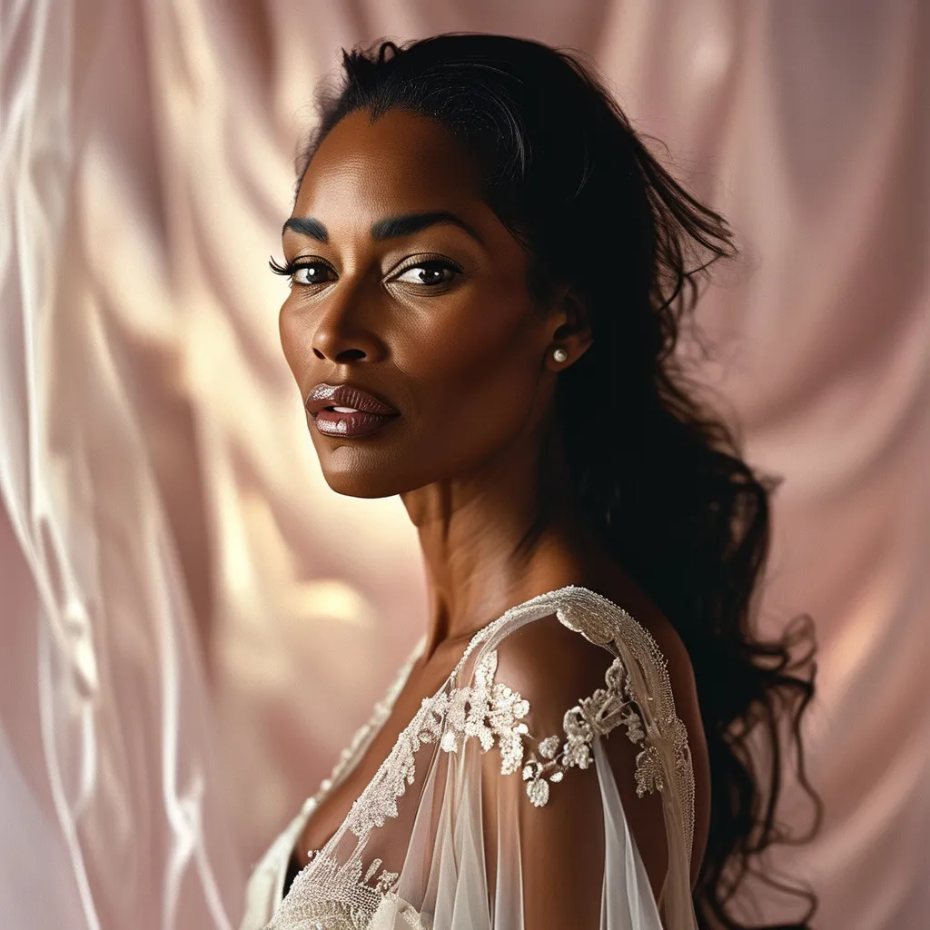 Prompt: (Naomi Campbell wearing a transparent silk long dress), (elegant flowing fabric), (soft ambient lighting), delicate sheen, dreamy atmosphere, romantic vibe, intricate lace details, graceful pose, flowing hair, serene expression, ethereal setting, muted pastel hues, silky texture, high-quality 4K resolution, captivating silhouette, enchanting background, soft focus