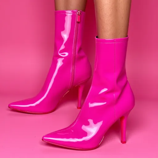 Prompt: Pink latex boots, (glossy finish), (dynamic pose), vibrant colors, high-fashion aesthetic, reflecting light, stylish and alluring design, smooth shiny texture, chic and bold look, (4K detail), captivating visuals, fashion-forward, enticing ambiance, creative arrangement, dramatic lighting.