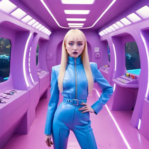 Prompt: Kim Petras wearing Mugler in a futuristic Tokyo imagined by Wes Anderson