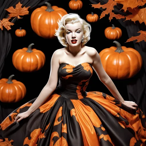 Prompt: (Marilyn Monroe) wearing a (vibrant Lacroix dress) inspired by pumpkins and Halloween, dramatic orange and black colors, flowing and elegant fabric capturing the essence of autumn, (high depth cinematic masterpiece), soft ambient lighting emphasizing her iconic features, whimsical Halloween-themed background with subtle spooky elements, ultra-detailed.