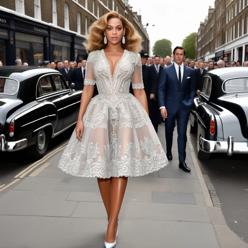 Prompt: Hyper Realistic and very detailed Beyoncé wearing a hyper realistic and very detailed Valentino 50s look with a very detailed Valentino dress and very detailed Valentino shoes in the centre of a very accurate 50s London 64k Hd, very accurate 3D 