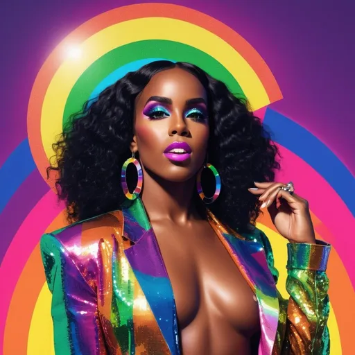 Prompt: Kelly Rowland pride month outfit, digital art, vibrant and colorful, high quality, pop art, rainbow colors, shimmering sequins, bold makeup, confident pose, energetic and dynamic, retro-inspired, neon lighting, celebratory atmosphere, 80s fashion, glossy finish