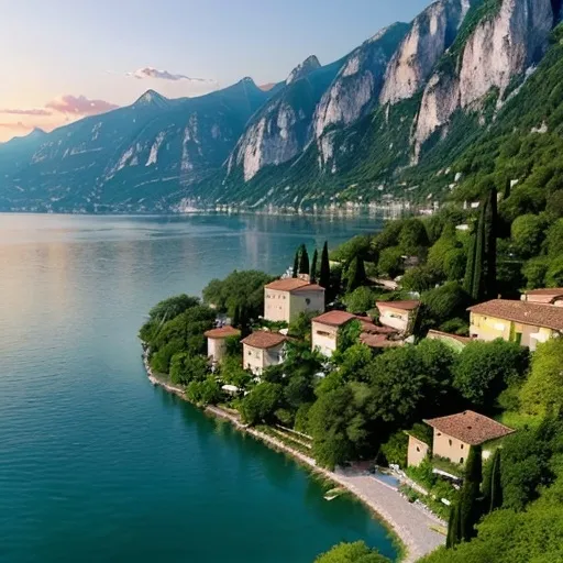 Prompt: (Garda Lake), breathtaking panoramas, tranquil waters reflect the sky, vibrant and lush green hills surround the lake, picturesque villages dot the shores, warm sunset colors create a magical atmosphere, nature's serenity, vast open sky, (ultra-detailed), serene ambiance, a perfect escape, idyllic and peaceful setting, inviting and calm scene.