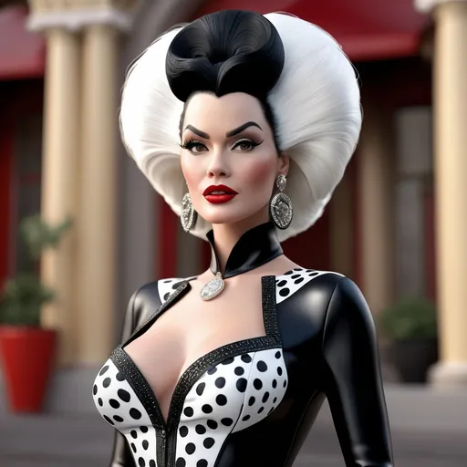 Prompt: A hyper realistic Bettie Paige as Cruella in a  Versace very detailed and accurated 64k quality HD 3D outfit