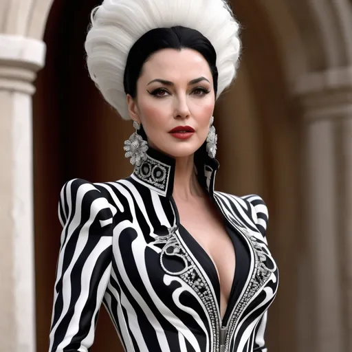 Prompt: A hyper realistic Monica Bellucci as Cruella in a Pucci very detailed and accurated 64k quality HD 3D outfit