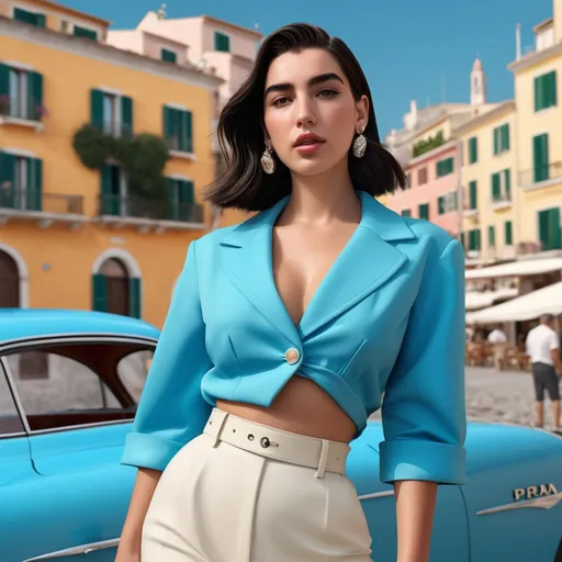 Prompt: Hyper realistic Dua Lipa as an accurate 50s Italian woman in Capri wearing a hyper realistic Prada outfit 64k 3d hd 