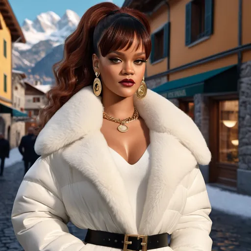 Prompt: Hyperrealistic 3D Rihanna in 80s italian Courmayeur winter and cold fashion, photorealistic, accurate features, Versace outfit, high resolution 64k, detailed textures, realistic lighting, Capri street backdrop, sophisticated, elegant, photorealism, Italian fashion, 80s style, high quality, Versace, detailed design, accurate, realistic rendering, lifelike, professional, professional lighting 