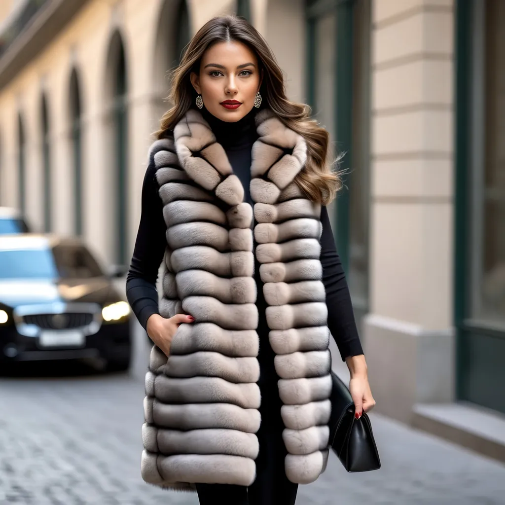 Prompt: Top Model with a long and luxurious fur vest in chinchilla real fur walking elegantly in Brera, Milan