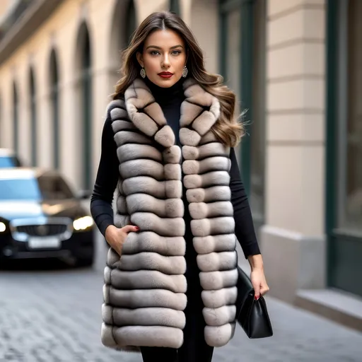 Prompt: Top Model with a long and luxurious fur vest in chinchilla real fur walking elegantly in Brera, Milan