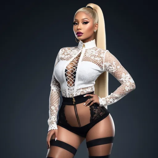 Prompt: photo of Nicki Minaj thiccc blonde girl. High pony tail hair. thiccc, goth lips, intricate lacey outfit. very attractive. high detail realistic. thick thighs,  full body shot, professional photo. Studio lighting, backlit, realistic lighting. hdr uhd 8k ultra-realistic render,  very high detail skin, beautiful face, Dolce&Gabbana