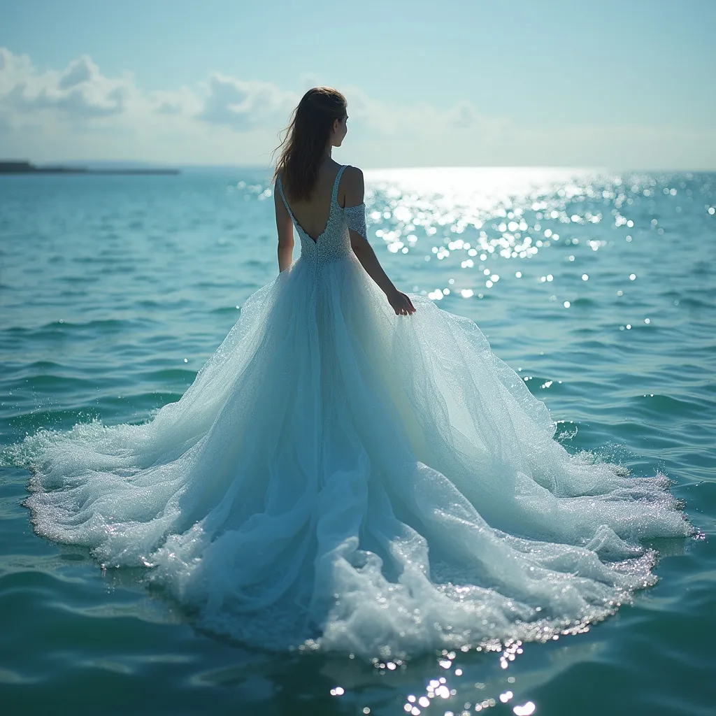 Prompt: dress made with water, ethereal flowing gown made of shimmering water, cascading and merging with soft waves, sparkles reflecting light, creating a sense of fluid elegance, tranquil ambiance, touch of fantasy, serene background of a peaceful ocean, high detail, 4K resolution, captivating and dreamy atmosphere.