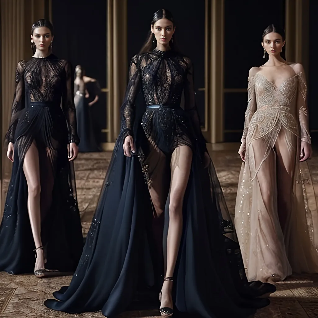 Prompt: (Elie Saab fashion design), luxurious elegant gowns, intricate lace details, opulent fabrics, rich jewel tones, dramatic flowing silhouettes, breathtaking embellishments, enchanting atmosphere, sophisticated glamour, high-fashion editorial style, ultra-detailed, 4K quality, cinematic lighting, soft dreamy ambiance.