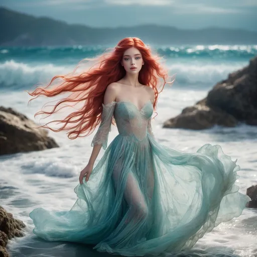 Prompt: (Ariel wearing a Valentino delicate dress), ethereal elegance, flowing fabric, intricate lace details, shimmering textures, vibrant underwater colors, soft lighting cast on flowing hair, mesmerizing ocean backdrop, graceful pose, serene expression, whimsical aquatic elements, high-definition quality, captivating and dreamy atmosphere.