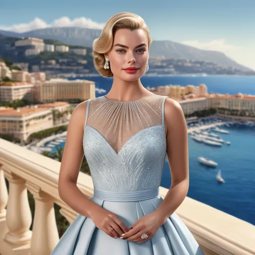 Prompt: Hyper-realistic full-body illustration of Margot Robbie as Grace Kelly, detailed outfit, Monte Carlo Bay in the background, hyper-realistic, detailed features, realistic lighting, high quality, realistic view, professional, detailed, glamorous, actress, iconic, classic dress, Monaco, coastline, elegant, realistic setting, highres, detailed portrait, 64k reflex 