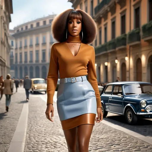 Prompt: Hyperrealistic 3D Kelly Rowland in mini skirt by Mary Quant and Valentino during the 70s italian in Milan with straight hair and fringe, wearing cuissardes, photorealistic, accurate features, Valentino outfit, high resolution 64k, detailed textures, realistic lighting, Milan street backdrop, sophisticated, elegant, photorealism, Italian fashion, 70s  style, high quality, Valentino, detailed design, accurate, realistic rendering, lifelike, professional, professional lighting 