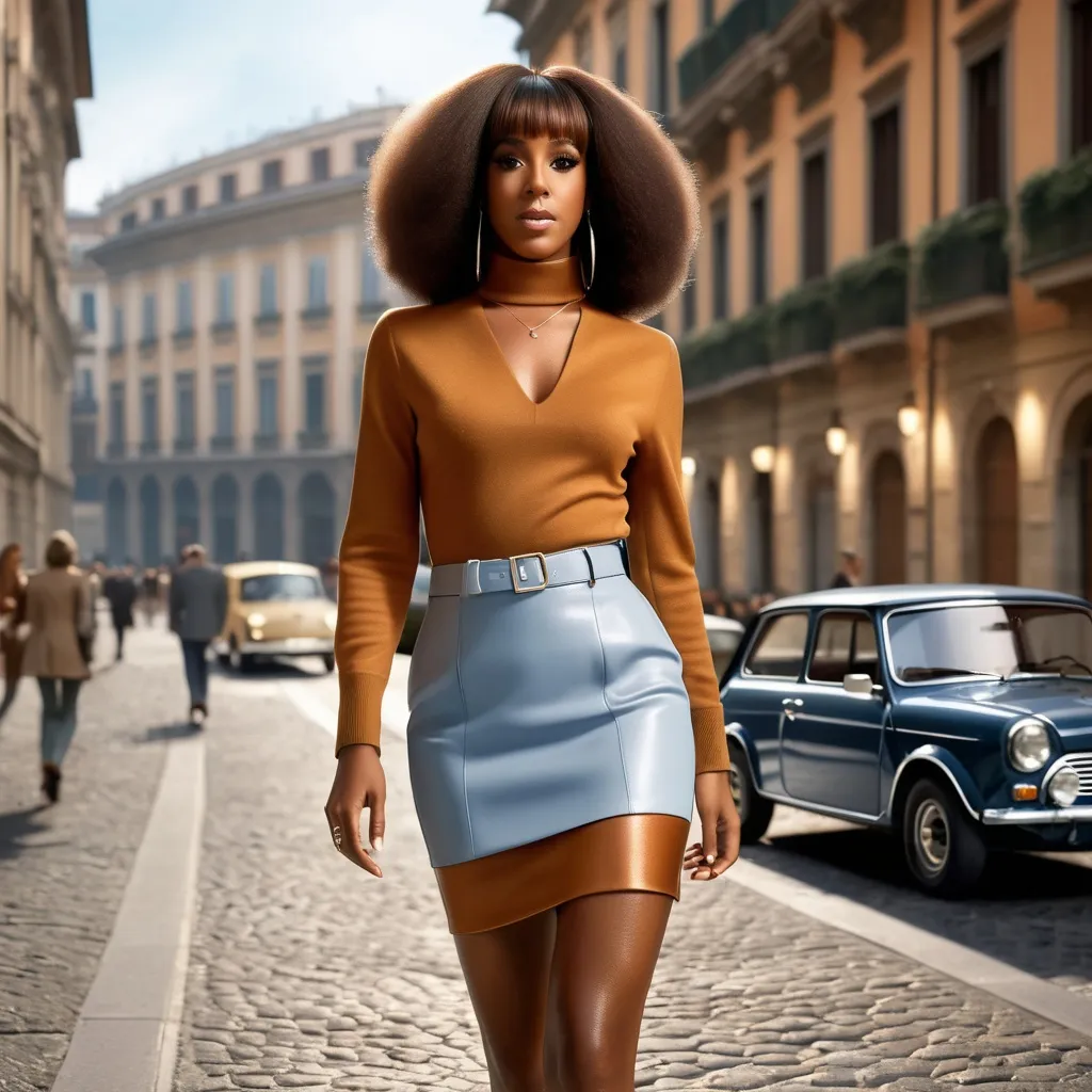 Prompt: Hyperrealistic 3D Kelly Rowland in mini skirt by Mary Quant and Valentino during the 70s italian in Milan with straight hair and fringe, wearing cuissardes, photorealistic, accurate features, Valentino outfit, high resolution 64k, detailed textures, realistic lighting, Milan street backdrop, sophisticated, elegant, photorealism, Italian fashion, 70s  style, high quality, Valentino, detailed design, accurate, realistic rendering, lifelike, professional, professional lighting 