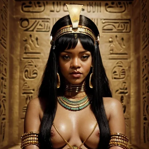 Prompt: (Rihanna as Cleopatra), striking regal pose, jeweled headdress, elaborate Egyptian attire, shimmering gold accentuations, ancient Egyptian motifs, (saturated colors), ethereal glow, (dramatic lighting), opulent palace backdrop, detailed hieroglyphs, serene but powerful ambiance, exuding queenly charisma, (ultra-detailed), captivating and vibrant portrait showcasing elegance and strength.