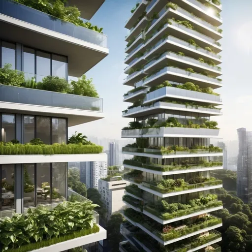 Prompt: Sustainable skyscraper, eco-friendly architecture, rooftop gardens, solar panels, greenery-filled balconies, futuristic design, high quality, detailed, modern architecture, sustainable, eco-friendly, urban, green color tones, natural lighting