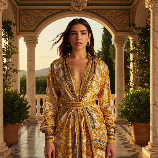 Prompt: Envision Dua Lipa standing confidently in a lavish, opulent setting, adorned in a stunning Versace ensemble that drapes elegantly over her figure. The fabric shimmers under soft, golden lighting, highlighting the intricate patterns and bold colors characteristic of the iconic brand. Surrounding her, lush greenery and ornate marble columns create a luxurious Mediterranean backdrop. A warm sunset casts a soft glow, enhancing the scene's richness, as a gentle breeze plays with her hair, adding a dynamic grace to her pose. Her expression is one of fierce empowerment, exuding charisma and allure. This captivating image is rendered in cinematic lighting, resembling a glamorous fashion editorial.